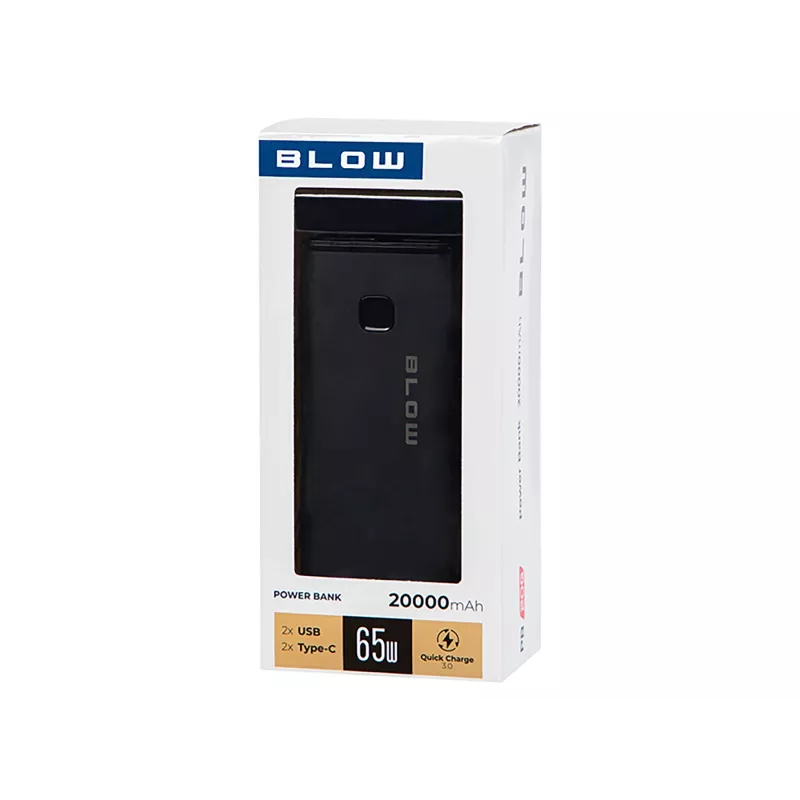 BLOW PB20G 20000 mAh pārnēsājams ārējais akumulators PD 65W, USB-C ieeja/izeja, 2x USB-A izejas, melns
