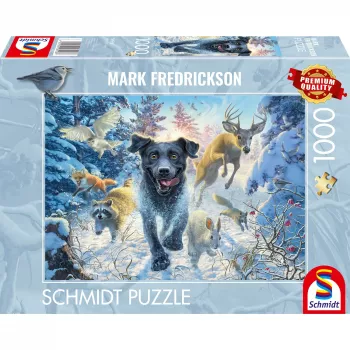 Mark Fredrickson: suņu mīlestība - melns labradors sniegā, puzle 1000 gab.