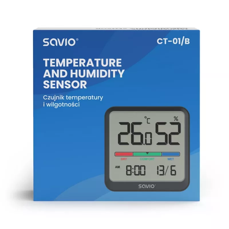 Iekštelpu temperatūras un mitruma sensors SAVIO CT-01/B brīvi stāvošs, LCD, -10–55°C, 10–99% RH, CR2032