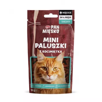 Kaķu gardumi Pan Miesko Mini pīles nūjiņas ar kaķumētru 50 g — hipoalerģiska, bezgraudu un bezsojas uzkoda pieaugušiem kaķiem
