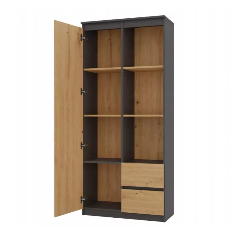 Top e Shop RS-80 BILY biroja grāmatu skapis, antracīta rāmis, amatniecības ozolkoka durvis, 7 plaukti, 2 atvilktnes, 1800×800×350 mm