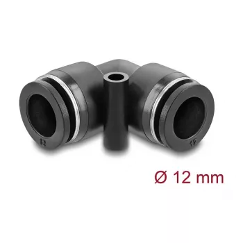 Pneimatiskais savienotājs DELOCK 12 mm 90° leņķī ar montāžas atveri, iekšējā vītne, metāls/plastmasa, garums 39,5 mm