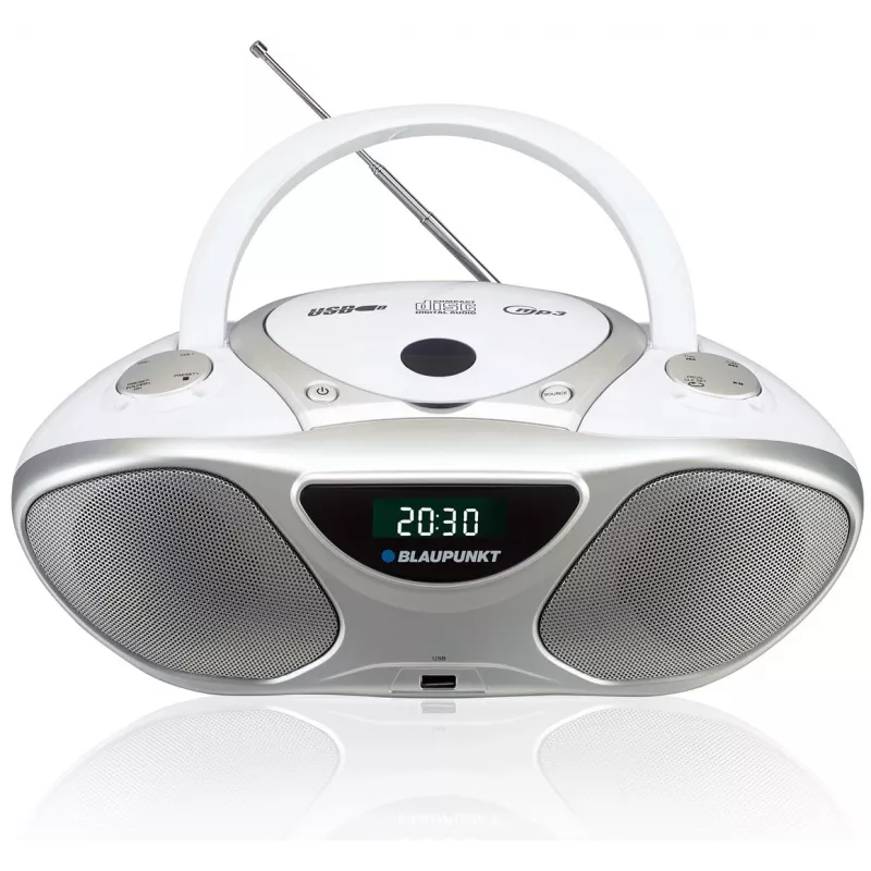 CD ierakstītājs BLAUPUNKT BB14WH — CD ierakstītājs ar MP3 atskaņošanu, USB, LCD, pulkstenis, 2x1 W skaļruņi, sudraba/baltā krāsā
