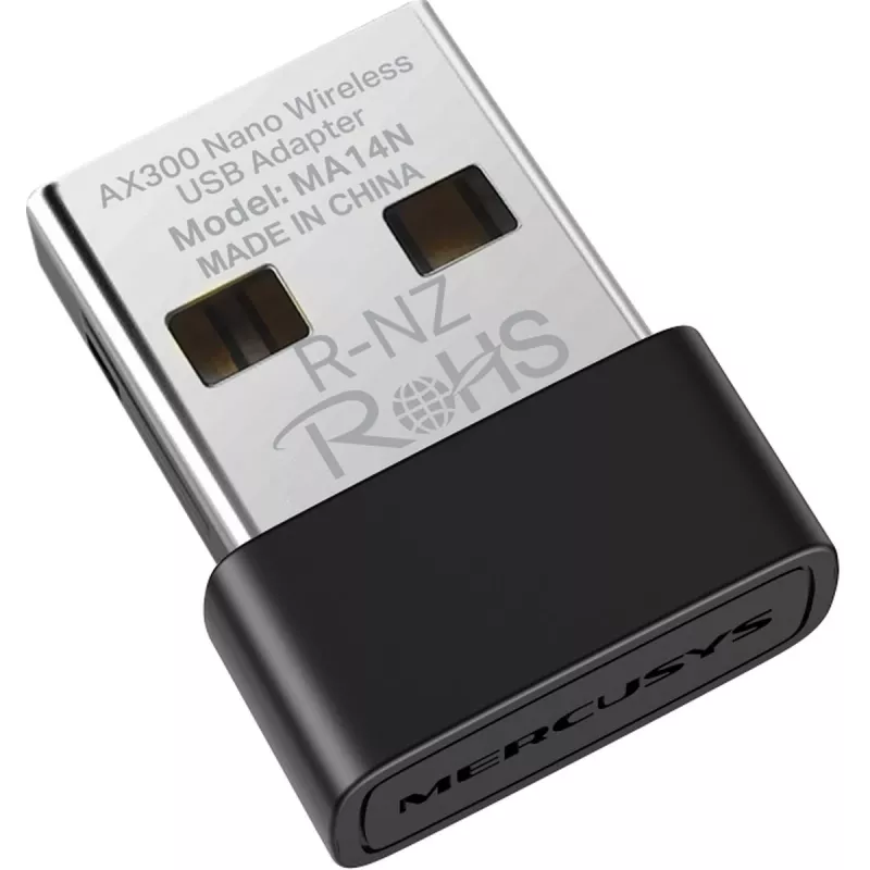 USB Wi‑Fi adapteris MERCUSYS MA14N — USB Type‑A, 2,4 GHz vienas joslas, līdz 287 Mb/s, melns