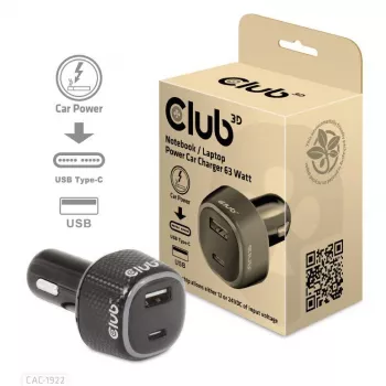 CLUB3D Piezīmjdatora / klēpjdatora automašīnas lādētājs 63 Watt, Auto, cigarešu aizdedzinātājs, 24 V, Melns