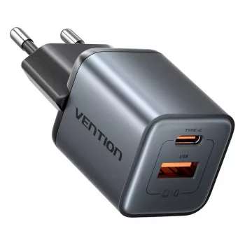 Vention FEWH0-EU 30W GaN lādētājs — 1× USB-C, 1× USB-A, 30 W, melns