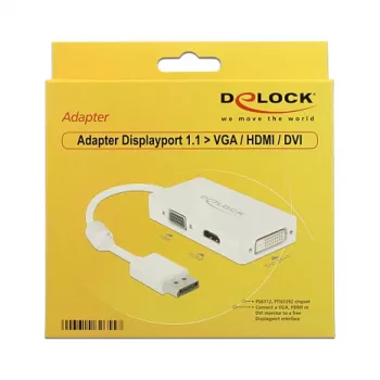 DELOCK Adapter kabelis DisplayPort Plug > 1 x VGA + 1 x HDMI + 1 x DVI 24+1 Balts