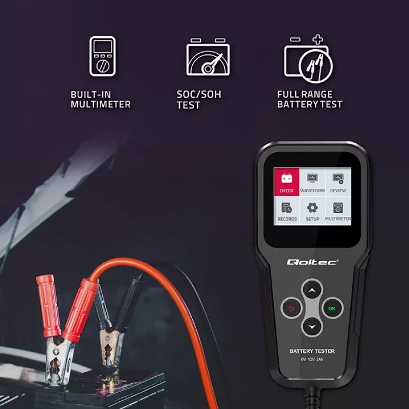 Qoltec 52489 Digitālais akumulatora analizators testētājs 3-in-1 ar LCD un daudzvalodu atbalstu 6V | 12V | 24V | 30Ah-200Ah
