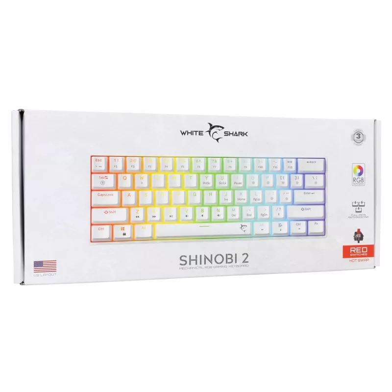 Vadu mehāniskā tastatūra White Shark Shinobi-2 (GK-004211) — ASV izkārtojums, sarkanie slēdži, balta