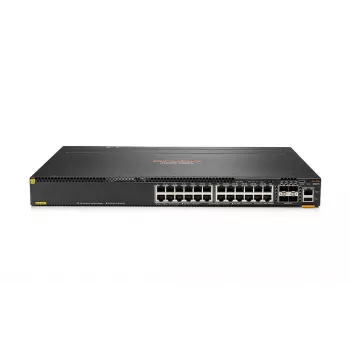 HPE - Aruba 6300M - Slēdzis - L3 - pārvaldīts - 48 x 10/100/1000 (1 PoE+) + 4 x 1 Gigabits / 10 Gigabits / 25 Gigabits / 50 Gigabits SFP56 (Augšupielāde / Sakraušana) Priekšpuse un Sāni uz Aizmuguri