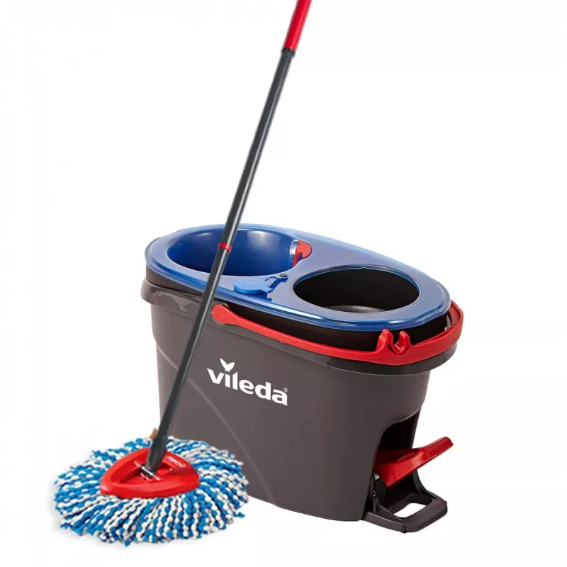 Grīdas mops VILEDA Microfibre 320 mm, teleskopisks kāts 55–123 cm, mazgājams, 360° rotējoša galva, melns/zils/sarkans