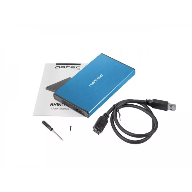 Ārējais HDD/SSD korpuss NATEC Rhino GO 2.5 collu — USB 3.0, SATA III, līdz 4 TB, 9,5 mm, alumīnijs, zils