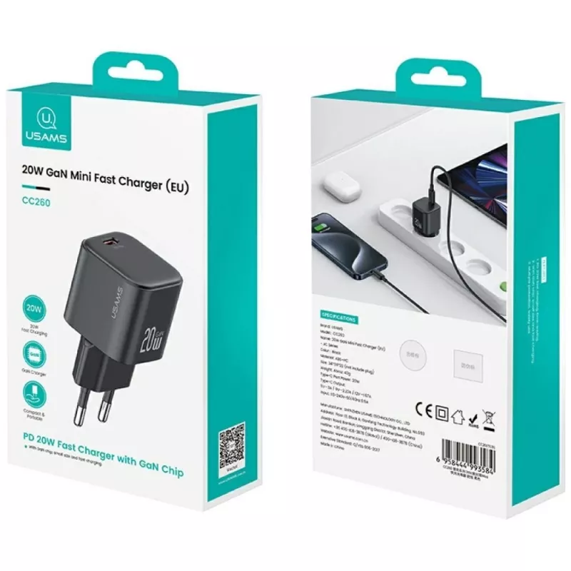 Lādētājs usams USA001627 20W 1×USB‑C ar USB‑C kabeli — ātrās uzlādes adapteris tālruņiem un planšetdatoriem