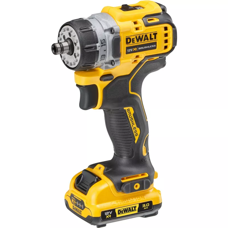 Pistolveida urbis DeWalt DCD703L2T-QW — 12V, 3.0Ah x2, 1500 RPM, 10 mm bezatslēgas patrona, 25.5 N·m, 0.9 kg