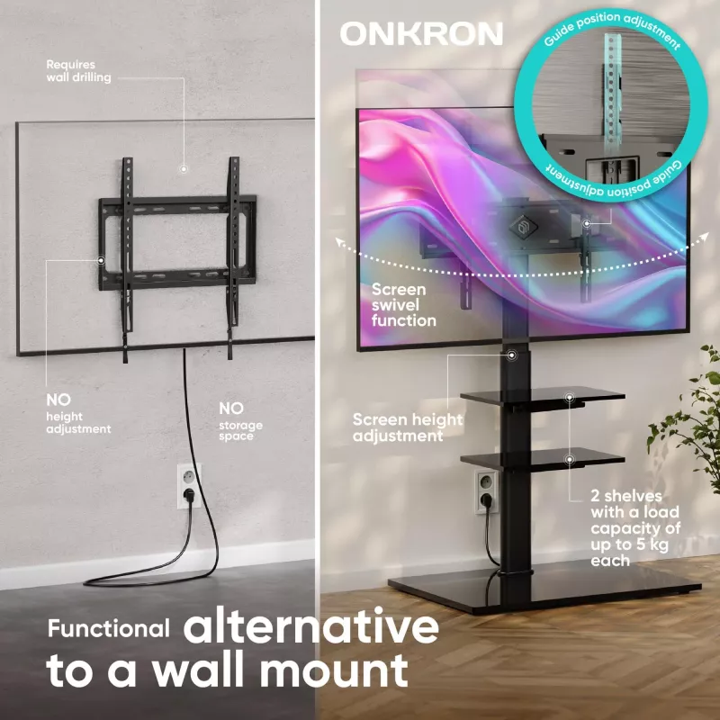Grīdas TV statīvs ONKRON TS5550-B 32–65 collu (81,3–165,1 cm) ekrāniem, maks. slodze 30 kg, VESA 100x100–600x400, augstums 880–1080 mm, pagriešana ±25°
