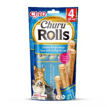INABA Churu Rolls Chicken recepte ar tunci un ķemmīšgliemenēm - kārumi kaķiem - 4x10 g