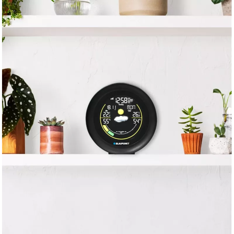 BLAUPUNKT WS35BK APP laika stacija — LCD displejs, temperatūra un mitrums, modinātājs, kalendārs, lietotnes savienojamība, 94×94×27 mm