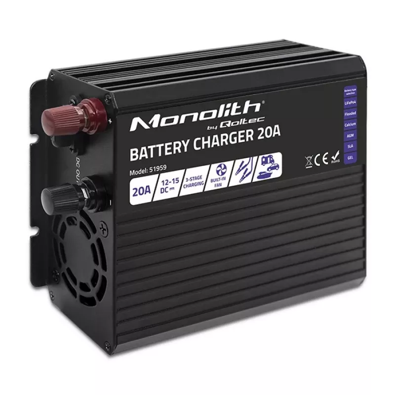 Lādētājs QOLTEC Monolith 20A 12V LiFePO4, AGM, GEL, SLA akumulatoriem
