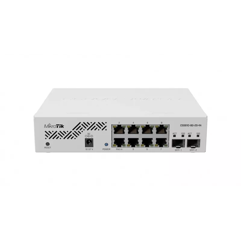 Tīkla slēdzis MikroTik CSS610-8G-2S+IN — 8x Gigabit RJ-45, 2x SFP+ 10G, PoE, 12–57V ieeja