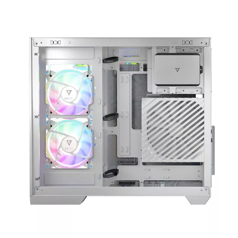 PC korpuss MODECOM Volcano Panorama Midi Tower balts — micro ATX, rūdīts stikls, ARGB, USB-C, atbalsta GPU 400 mm