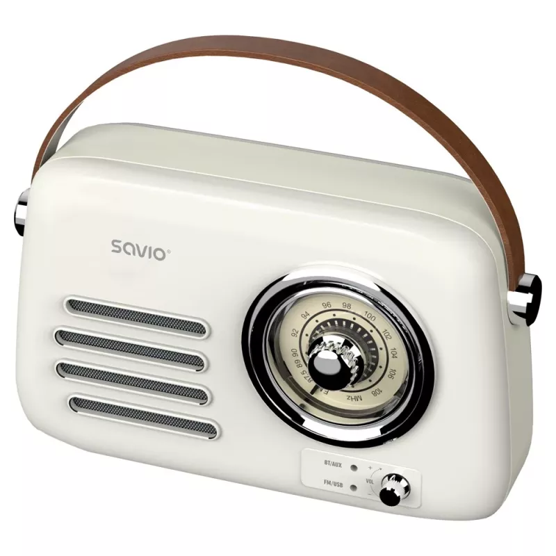 Portatīvais radio SAVIO RS-02 — analogais FM skaņotājs, Bluetooth 5.3, USB barošana, 3 W, balts