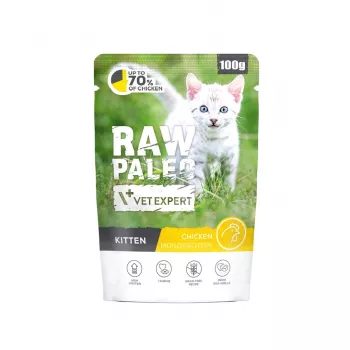 Mitrā jēlā kaķu barība VETEXPERT Raw Paleo Kitten Chicken 100 g — pilnvērtīga maltīte kaķēniem, 80% mitruma, 10,2% olbaltumvielu