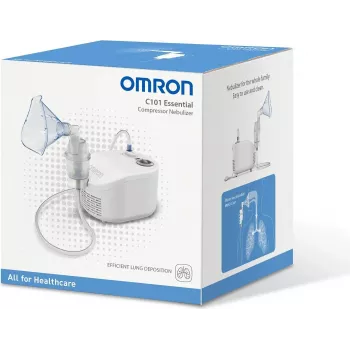 Galda smidzinātājs Omron C101 Essential — sieta smidzinātājs, 0,35 ml/min, daļiņu izmērs 2,6 µm, maiņstrāva 230 V 50 Hz, maskas pieaugušajiem un bērniem