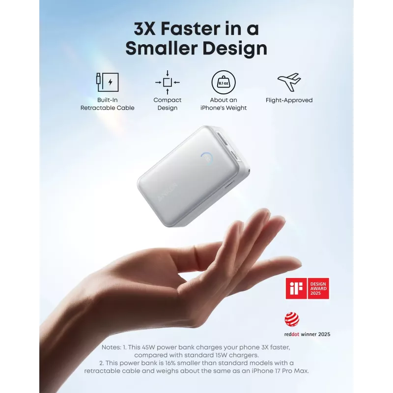 Ārējais akumulators Anker A1638 10000 mAh, 45 W kopējā izejas jauda, balts, iebūvēts izvelkams USB-C kabelis