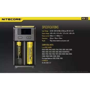 Bateriju lādētājs Nitecore NEW i2 — 2 vietu lādētājs LiFePO4, Li-Ion, NiMH baterijām; ieeja 100–240V; izeja 9–12V; piemērots AAAA/C/D/AAA/AA; melns