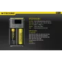 Bateriju lādētājs Nitecore NEW i2 — 2 vietu lādētājs LiFePO4, Li-Ion, NiMH baterijām; ieeja 100–240V; izeja 9–12V; piemērots AAAA/C/D/AAA/AA; melns