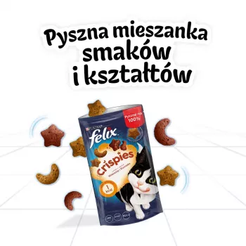 Sausais kaķu kārums Felix Crispies Liellopu gaļa & Vista 45 g — gaļīgs kraukšķīgs našķis pieaugušiem kaķiem, 31,5% olbaltumvielu, 15,5% tauku