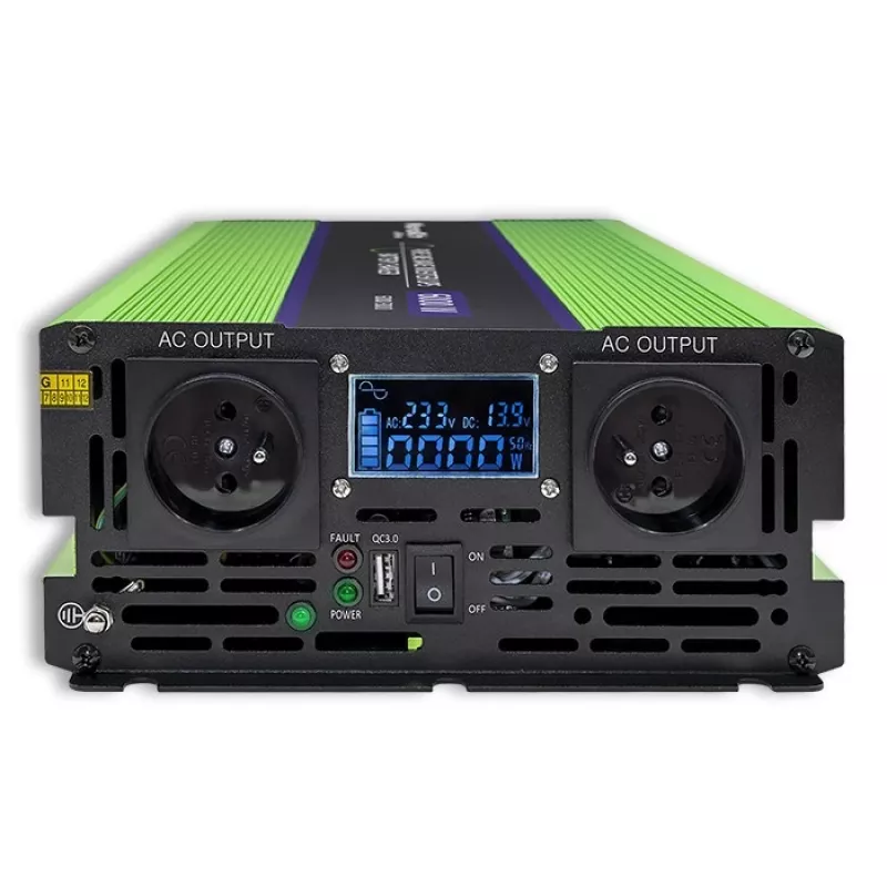 Qoltec Monolith sprieguma pārveidotājs | Akumulatora uzlāde | UPS | 2000W | 4000W | 12V uz 230V | Tīrs sinusoidāls | LCD melns-zaļš