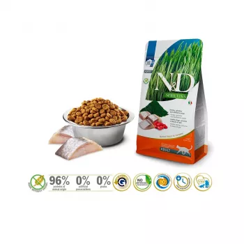 Sausā kaķu barība Farmina N&D Spirulina Herring 1,5 kg — bez graudiem, 44% olbaltumvielu, 20% tauku