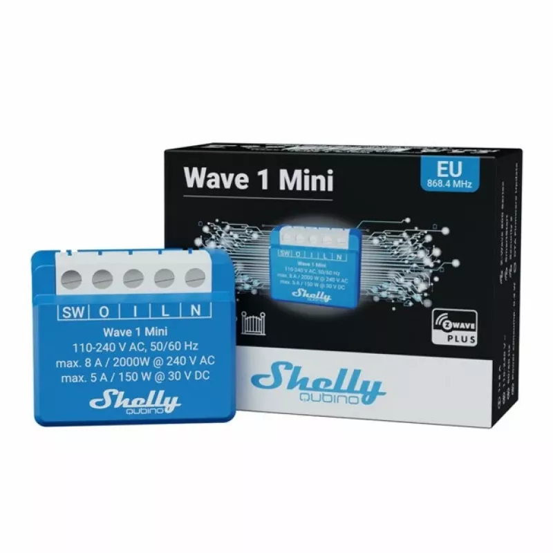 Viedais relejs Shelly Qubino Wave 1 Mini bezvadu 110–240V, 8A AC / 5A DC, 868,4 MHz, iekštelpām, zils