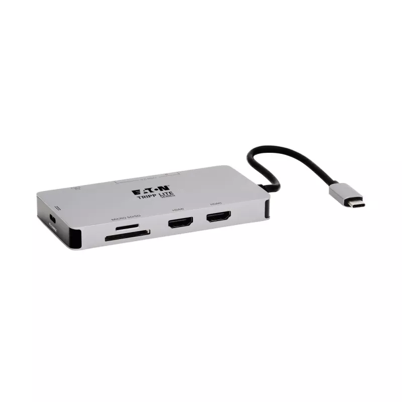 Eaton Tripp Lite USB-C dokstacija, divi displeji - 4K 60 Hz HDMI, USB 3.2 Gen 1, USB-A centrmezgls, GbE, atmiņas karte, 100W PD uzlāde, pelēka - dokstacija - USB-C - 2 x HDMI - 1GbE (U442-DOCK)