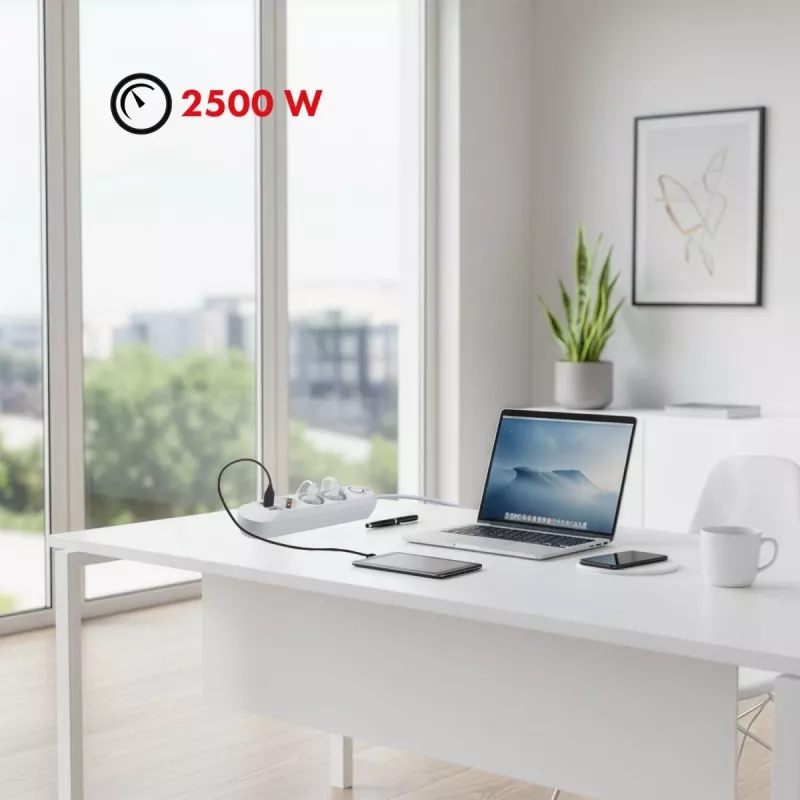 Strāvas sloksne MACLEAN MCE394W — 3 rozetes, 3×USB 2.1A, 110–240V AC, 2500W, 1,5 m kabelis, balta