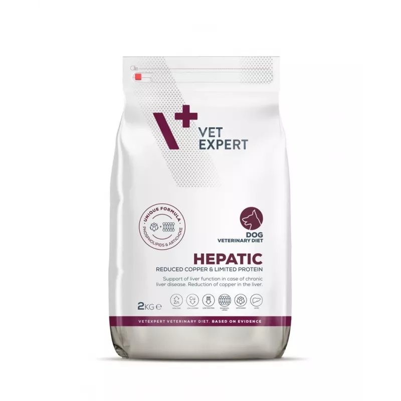 Sausā suņu barība VETEXPERT Veterinary Diet Hepatic 2 kg — terapeitiska aknu atbalsta barība, 17,5% olbaltumvielu, 11,5% tauku