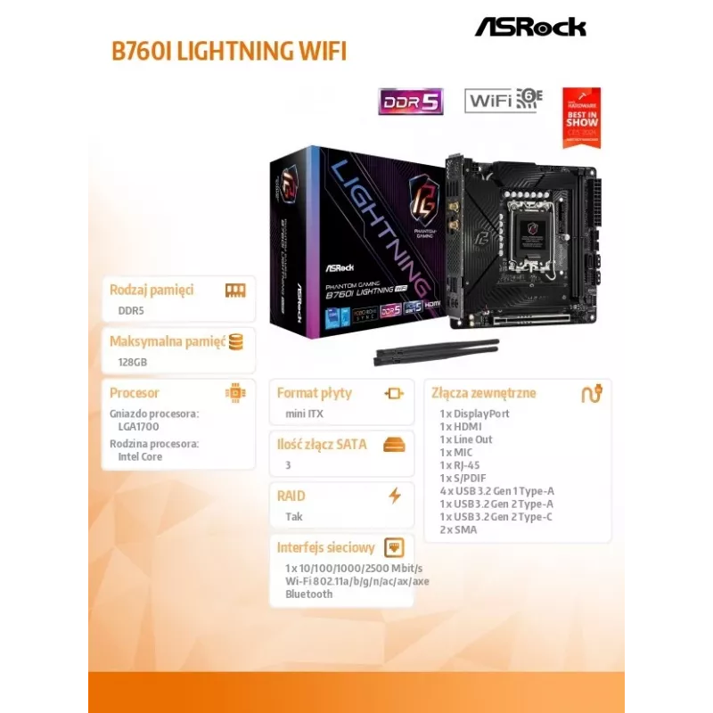 ASRock B760I Lightning WiFi DDR5 Mini-ITX LGA1700 mātesplate