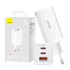Sienas lādētājs Baseus GaN5 Pro 65W — USB + 2×USB-C (QC3.0, PD3.0) ar 1 m USB-C kabeli, balts