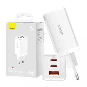 Sienas lādētājs Baseus GaN5 Pro 65W — USB + 2×USB-C (QC3.0, PD3.0) ar 1 m USB-C kabeli, balts