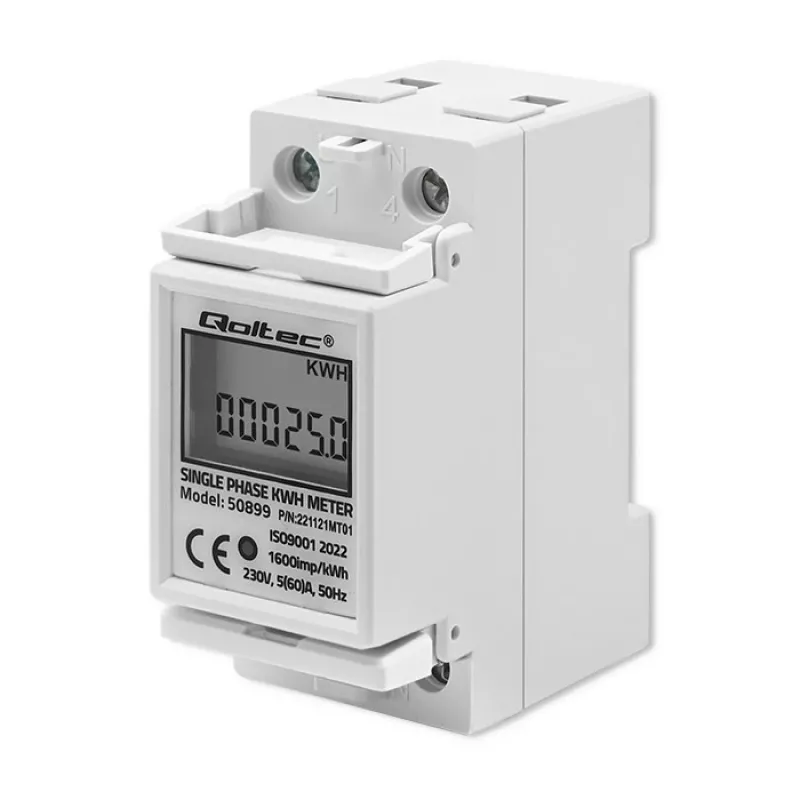 Vienfāzes enerģijas patēriņa skaitītājs QOLTEC 50899 230 V 50 Hz, 5(60)A, 1.0 klase, LCD