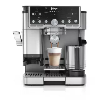 Espresso automāts Ninja ES701EU — pusautomātiskā kafija/espresso, iebūvēta dzirnaviņa, 2 L ūdens tvertne, 1650 W, 25 dzirnaviņu iestatījumi, piena tvertne, 14 bāru sūknis
