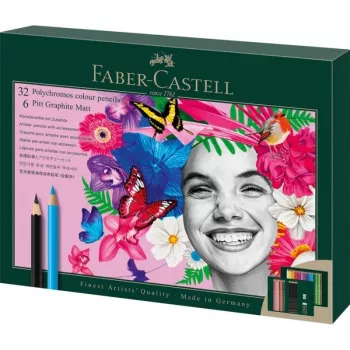 Eļļas bāzes zīmuļu completes Faber-Castell Polychromos & Pitt Graphite Matt, 38 gab., Daudzkrāsains