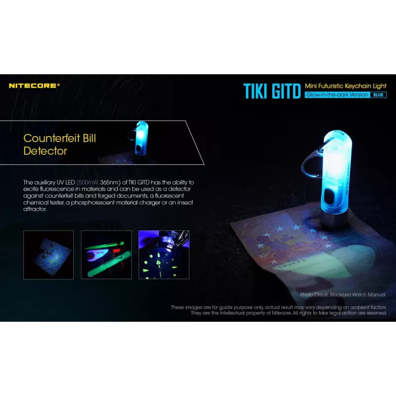 Atslēgu piekariņa lukturītis Nitecore TIKI GITD BLUE — pelēks, USB atkārtoti uzlādējams, 1 lm, 55 mm, 12 g, IP66, triecienizturīgs
