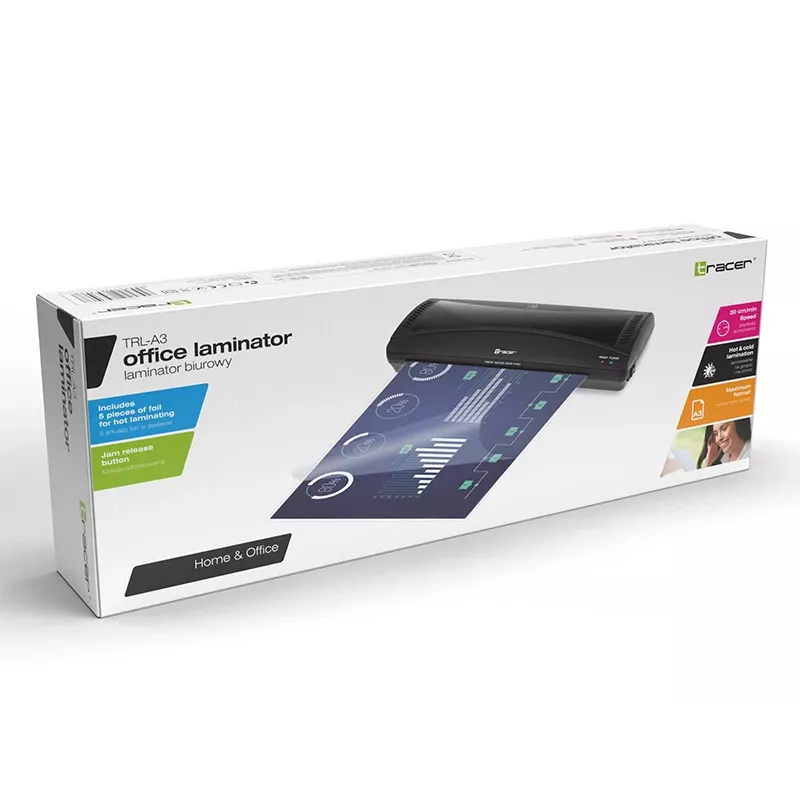 Aukstā/karstā laminators TRACER TRL-A3 — A3 laminators, maksimālais platums 33 cm, melns