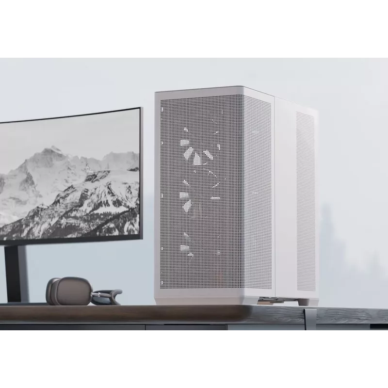APNX PC Midi Tower C1-R-WT-v1 — balta, atbalsta ATX/Micro-ATX/Mini-ITX, 3x120 mm priekšējie ventilatori uzstādīti, 3x3,5 collu + 3x2,5 collu nodalījumi, USB 3.2 Gen1 x2
