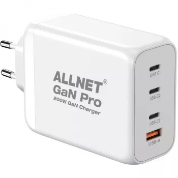 ALLNET Strāvas padeve PSU-GaNPD-USB-1A3C-200W — 200W GaN USB lādētājs, 1× USB-A, 3× USB-C