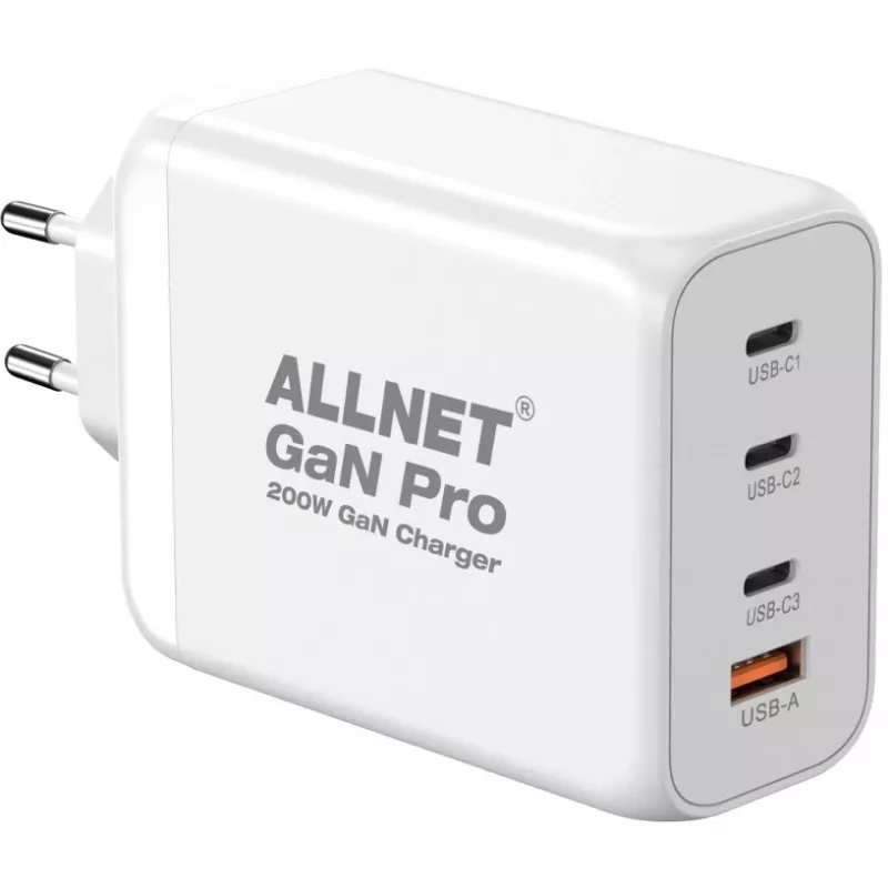 ALLNET Strāvas padeve PSU-GaNPD-USB-1A3C-200W — 200W GaN USB lādētājs, 1× USB-A, 3× USB-C