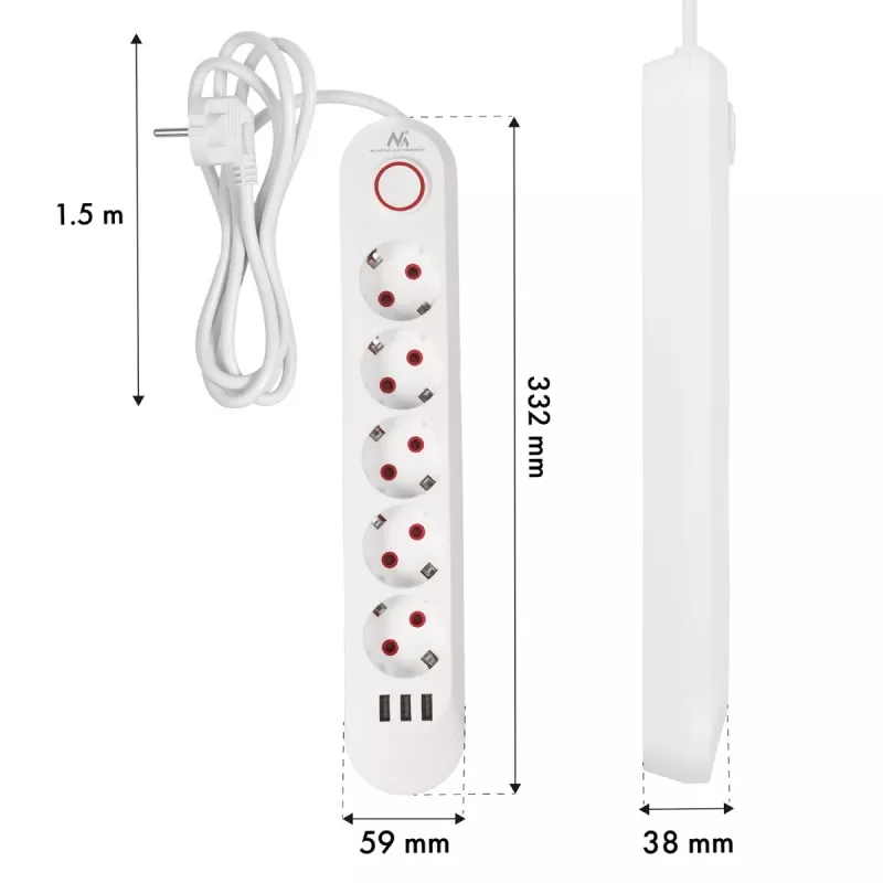 Strāvas sadalītājs MACLEAN MCE395 W — 5 rozetes, 3× USB A, 110–240 V maiņstrāva, 2.1 A USB, maks. 2500 W, balts, 1,5 m kabelis