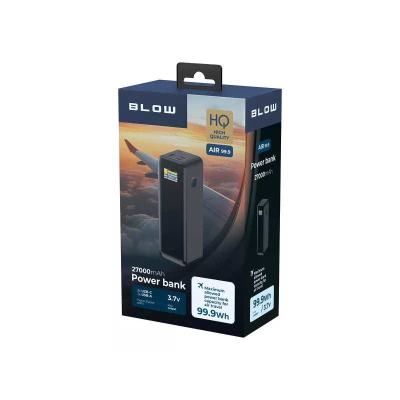 Power bank BLOW AIR99.9 27000mAh PD 140W LCD — 2× USB‑C, 1× USB‑A, 27000 mAh, 140 W kopā